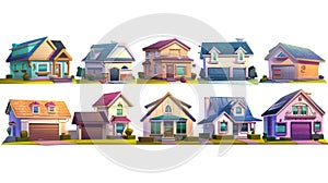 House exterior, residential building front. Modern cartoon set of cottages with garages and parking spaces on a suburban