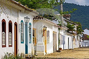 House facade in colonial architecture on cobblestone street in the historic city of Paraty