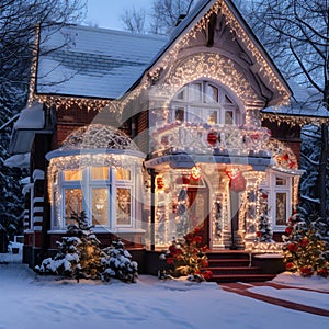 House facade decorated with Christmas lighting.