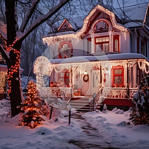 House facade decorated with Christmas lighting.