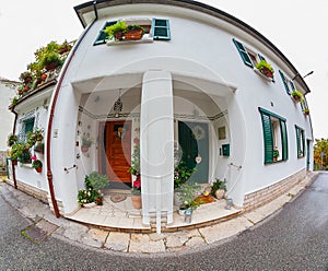 House facade with flowers. Fish eye