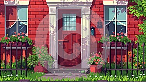 House facade with red brick wall, window, and door. Modern illustration of a suburban house exterior with fence and