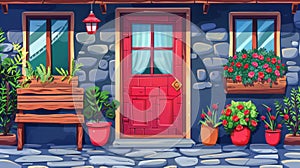 House facade with red door and porch. Modern illustration of cozy house front, homemade pie cooling down in an open