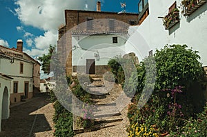 House facade with white walls, stairs, flower pots and plants at Caceres