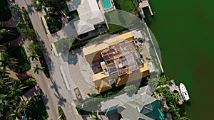 House family construction site. wooden construction of a house. Florida. Above top down shot.