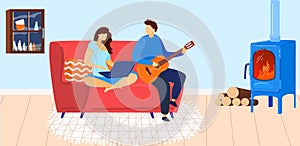 House family, man plays guitars, relax together, happy young people, sofa comfort, design, in cartoon style vector