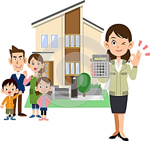 A house with a family, a woman in a construction shop who shows a calculator and shows an OK sign