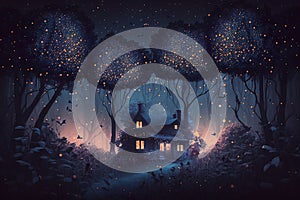 House in fantasy forest at night, scenery of fairytale habitation and magic light, generative AI