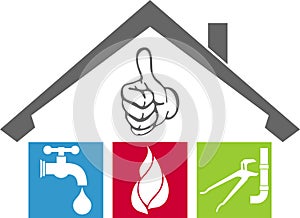 House, faucet, pipe wrench, flame, plumber logo, tools logo, plumber icon, logo