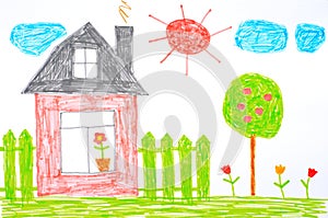 A house, a fence, flowers and an apple tree. Children's drawing on paper.