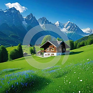 house in field with mountains in the backgrouds of the mountains in the with a