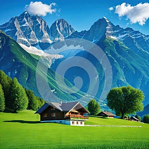 house in field with mountains in the backgrouds of the mountains in the with a