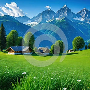 house in field with mountains in the backgrouds of the mountains in the with a photo