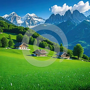 house in field with mountains in the backgrouds of the mountains in the with a photo