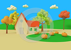 House in the field of pumpkins on the background of the autumn priors. Picturesque rural landscape with harvest in cartoon style.