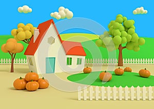 House in the field of pumpkins on the background of the autumn priors. Picturesque rural landscape with harvest in cartoon style.