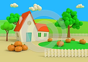House in the field of pumpkins on the background of the autumn priors. Picturesque rural landscape with harvest in cartoon style.