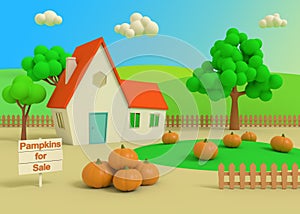 House in the field of pumpkins on the background of the autumn priors. Picturesque rural landscape with harvest in cartoon style.