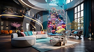 A house filled with furniture and a large aquarium made of glass , generated by AI