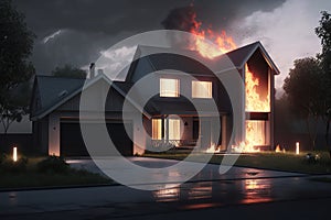 House or fire and Burning down, Home insurance concept. Generative Ai