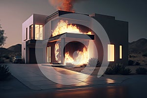 House or fire and Burning down, Home insurance concept. Generative Ai