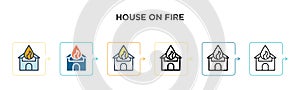 House on fire vector icon in 6 different modern styles. Black, two colored house on fire icons designed in filled, outline, line