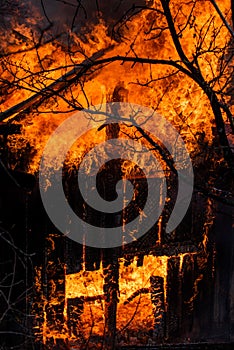 House in fire. Violent fire in Wooden House with thatched roof.