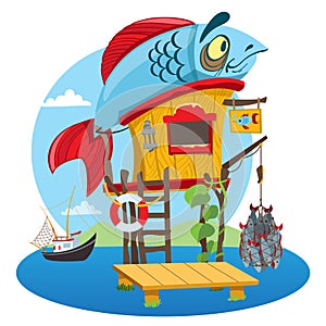 House fisherman. Cartoon illustration of a wooden hut on stilts near the river. Drawing for gaming mobile applications