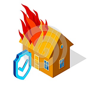 House on flames of fire real estate insurance concept vector isometric illustration isolated on white background, natural disaster
