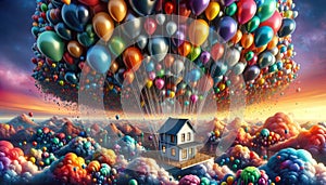 House Floating with Balloons