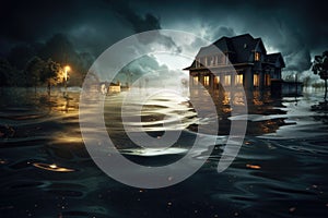 House in floodwater at night - AI Generated