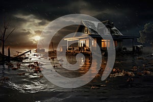 House in floodwater at night - AI Generated photo