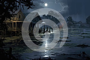 House in floodwater at night - AI Generated photo