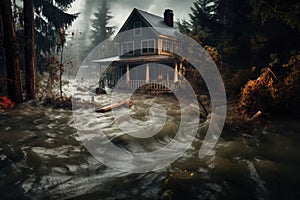 House in floodwater at night - AI Generated photo