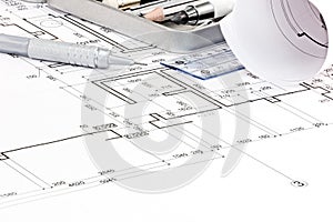 House floor plan blueprints and drawing tools closeup