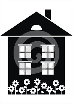 House and flowers, vector black symbol