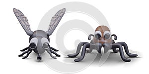 House fly and ant closeup. Set of household pests. Vector characters, front view