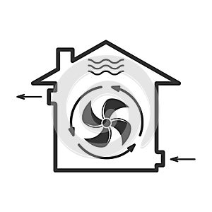 House forced ventilation system icon, mechanical fanning of building, airing sign