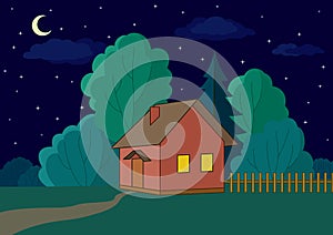 House on forest edge, night photo