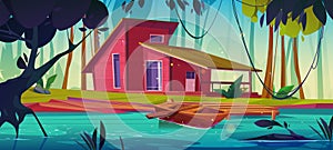 House in forest near lake cartoon illustration