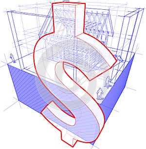 House framework with dimensions and dollar sign diagram