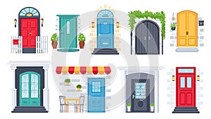 House front entrance. Building door architecture with arches, columns, flower pots, lamp, doorstep and mat. Facade wall