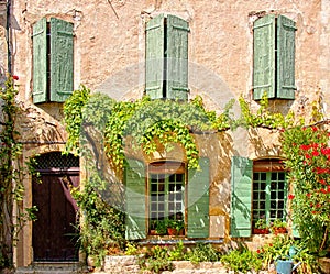 House front with shuttered windows and leafy facade, Provence, France