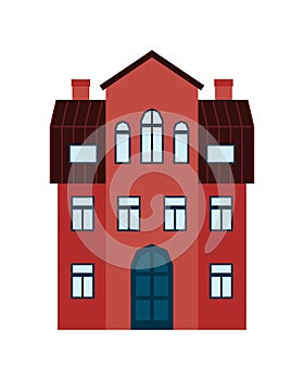 House front view. The facade of the red building. European house, cottage. Vector illustration in a flat style.