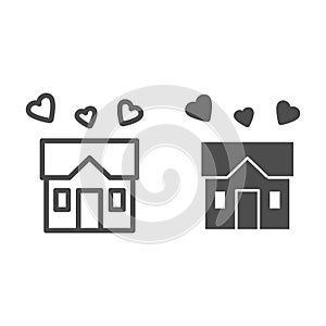 House full of love line and solid icon, sweet home concept, building with hearts sign on white background, three hearts