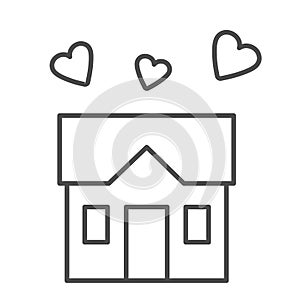 House full of love thin line icon, sweet home concept, building with hearts sign on white background, three hearts under