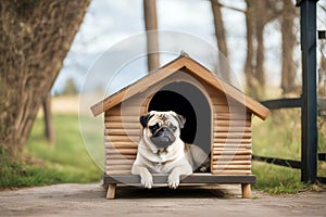 house Funny dog pug red joy yard small sweet doghouse care brown joyful home pet canino little fence animal portrait young bone photo