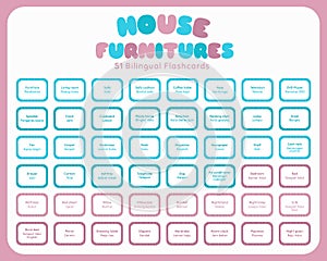 House Furnitures Colorful Bilingual Flashcards Vector Set