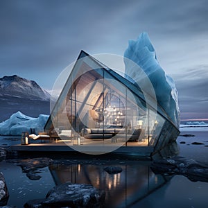 A house of the future built in an iceberg in Anarctica. Future living: innovative house within antarctic iceberg -