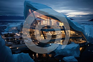 A house of the future built in an iceberg in Anarctica. Future living: innovative house within antarctic iceberg -